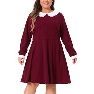 Plus Size Long Sleeve Doll Collars Peter Pan Aline Flare Midi Dress Burgundy